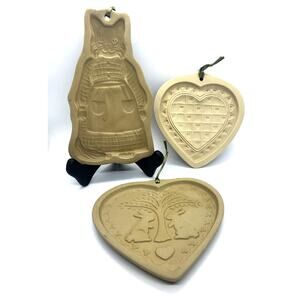 Lot Of 3 Vintage Brown Bag Stoneware Cookie Art Molds Mama Kitty Rabbits Hearts